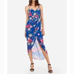 Express blue pink tropical floral faux wrap hi low maxi dress small